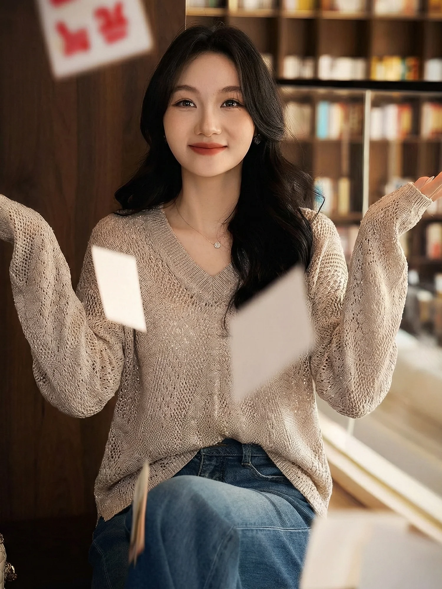 

Ele V-Ne Knitted Wool Sweater Women Long Sve Hollow out Loose Fit Spring Faion New Sle Comfortable Breathable