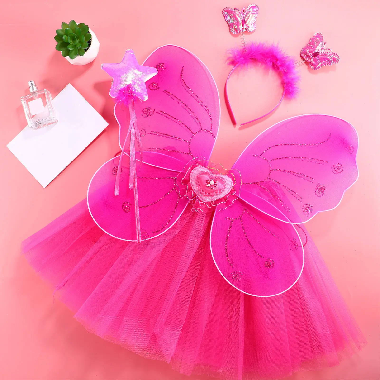 Conjunto de 4 piezas de disfraz de tutú para niños, con alas de ángel, varita de hada y diadema, perfecto para fiestas, disfraces y actuaciones de cosplay.