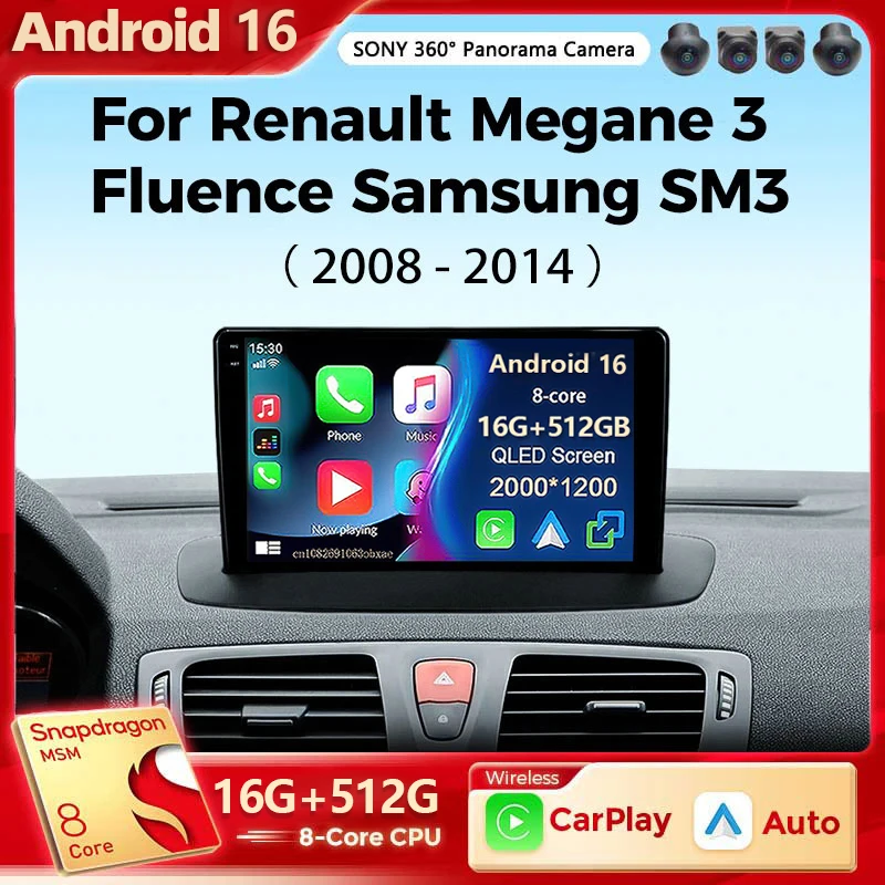 Android 16 Car Radio Multimedia Play For Renault Megane 3 Fluence Samsung SM3 2008 - 2014 Wireless Carplay DSP 48EQ 2Din DSP BT