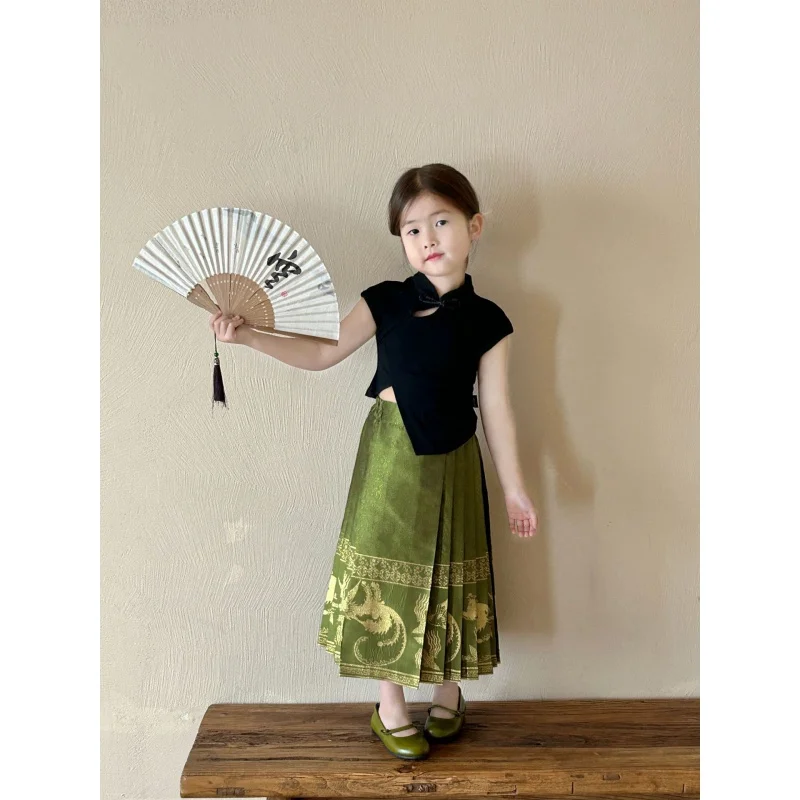 Children'S Horse-Face Skirt2024New Chinese Style Improved For Girls2-7Year-Old Pleated Hanfu Skirt Fashion