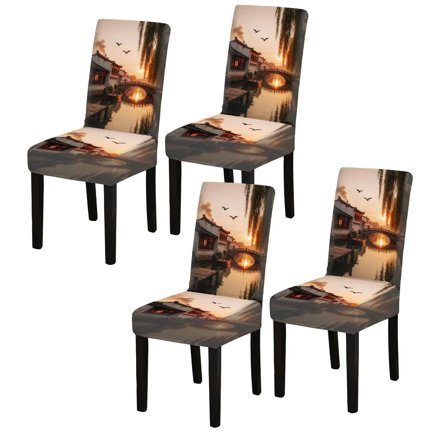 High-elastic printed dining chair cover, river landscape pattern, suitable for household dining tables and chairs