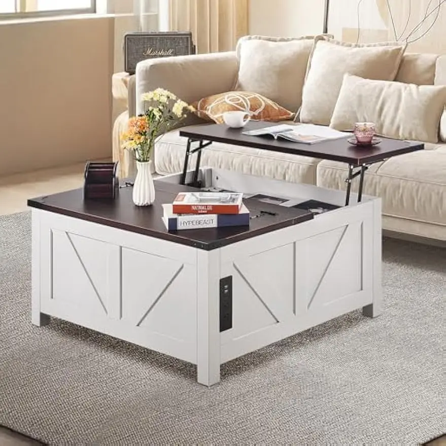 36" Farmhouse Coffee Table, Hinged Lift Top Square Coffee Table with Built-in Power Strip, Wooden Rustic Cocktail Table