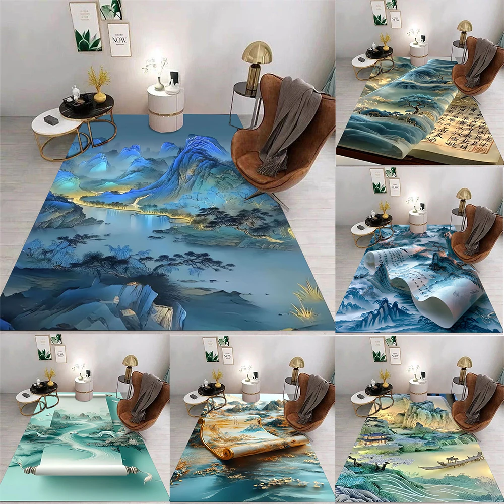 Chinese Style Landscape Carpet With Scroll Calligraphy Pine Tree Mountain River Designs Non Slip Rug For Living Room Decor