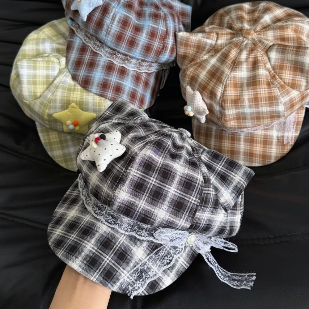 Fashion Stars Lace Decor Plaid Octagonal Cap Sun Protection Y2K Berets Face Slimming Newsboy Hat Women's Fashion
