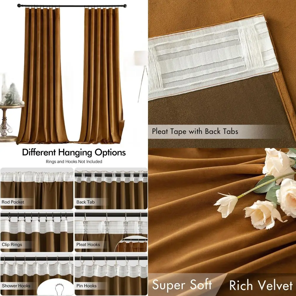 

Luxury 84 Gold Brown Velvet Curtains with Pinch Pleat, Blackout & Thermal Insulation for Bedrooms and Living Rooms