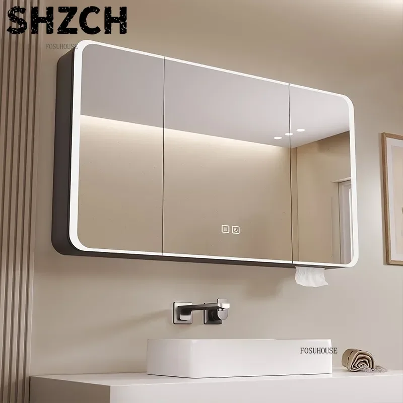 Modern Arc-shaped Smart Bathroom Mirror Cabinet Bathroom Wall-mounted Bathroom Mirror Cabinet with Light Mirror Cabinet for Home