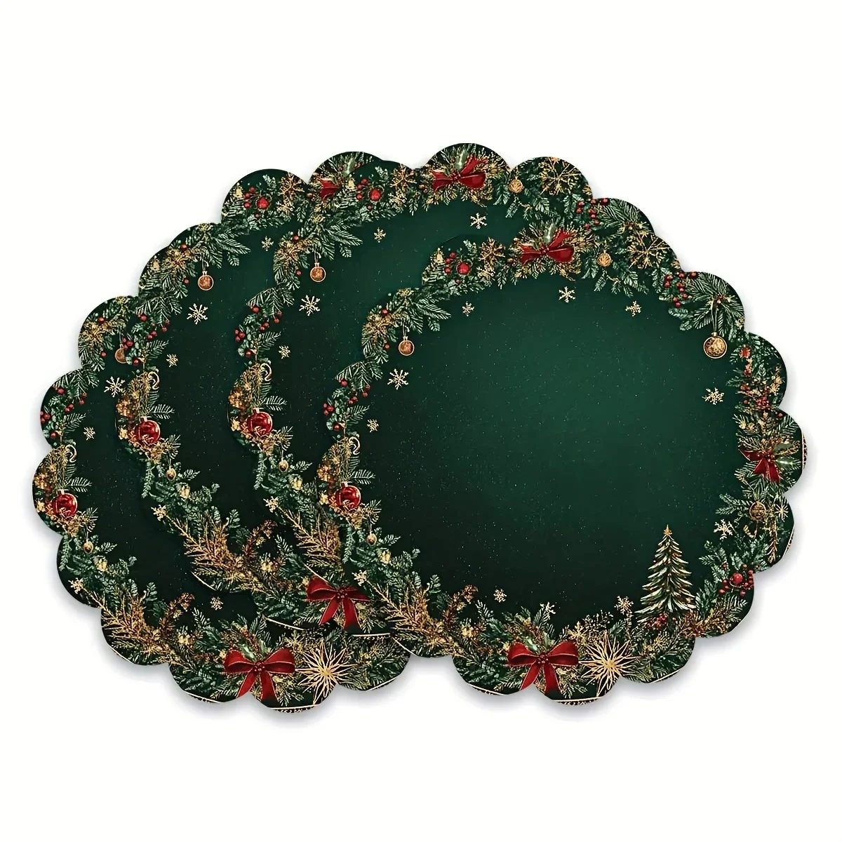 4/6 Stück Runde 38cm Tischsets für Esstische, Weihnachtliche Smaragdgrüne Goldmuster-Tischmatten, Ideal für Weihnachten – Detail 1