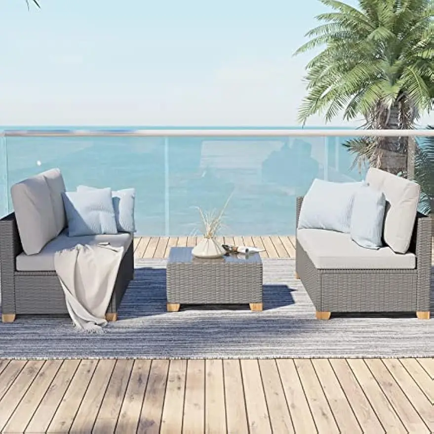 Outdoor Conversation Sets with Glass Coffee Table, 4 Seats Wicker Patio Furniture Sets, Modular Sofa Sets with Olefin Cushions