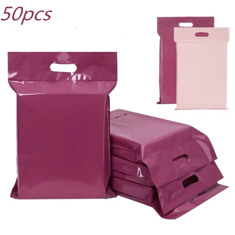 

50Pcs New Purple Color Thicken Express Bag with Handle Plastic Waterproof Clothing Mailing Tote Bags Self Seal Packaging Pouch