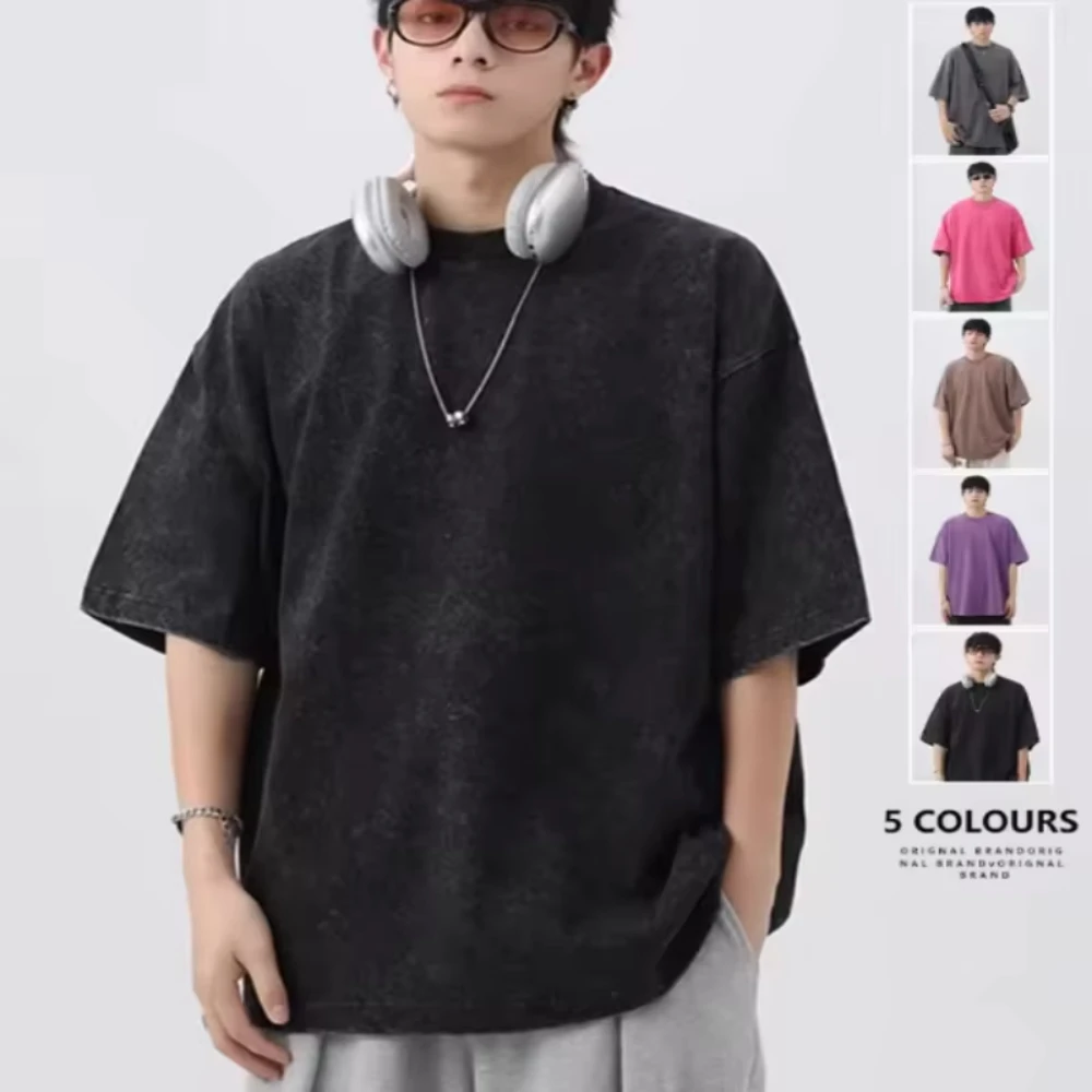 Japanese Korean Style Stir Fried Snowflake Washed T-Shirts Men Women Cotton Heavyweight Summer Hip Hop Streetwears Short Sleeved