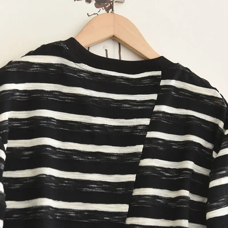 Summer 2025 Women's T-shirt  Knot Decoration Back Split Color Block Striped Design Casual Comfortable Top