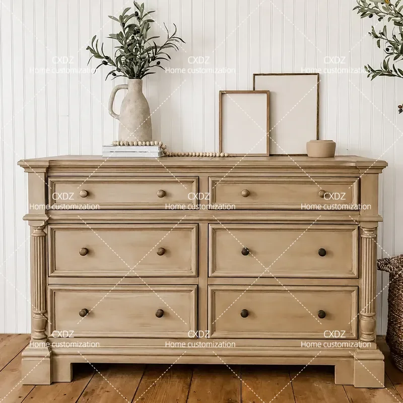 Solid Wood Six Drawer Chest Cabinet Retro Log Color Entryway Storage Unit Living Room Wall Sideboard Customizable Furniture