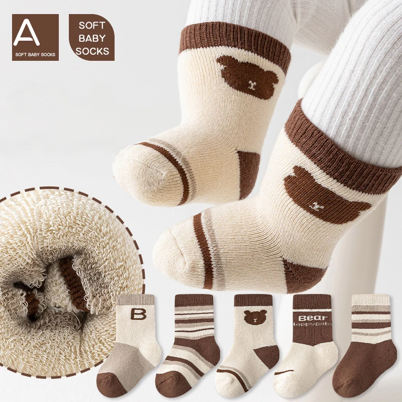 Cartoon Baby Plush Socks A-Class Cotton Newborn Warm Mid Tube Sock Winter Thick Velvet Stockings 0-3year Kids Thermal Footwear