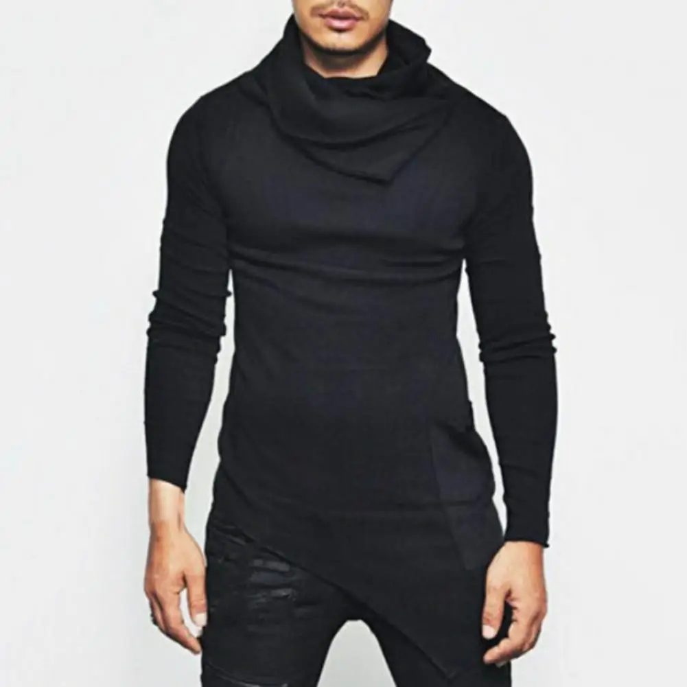 Men Shirt Pile-up Collar Casual Pullover Hip Hop High Street Irregular Casual Loose Solid Color Long Sleeve T-shirt Streetwear