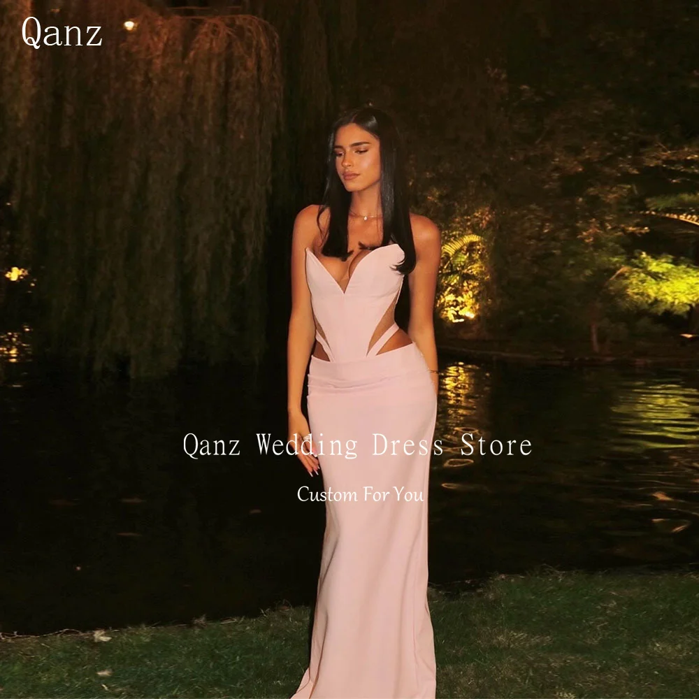 

Qanz Pink Graceful Prom Dress Mermaid High Quality Satin SSeetheart Evening Dress Women Sleeveless Vestido De Festa Customized