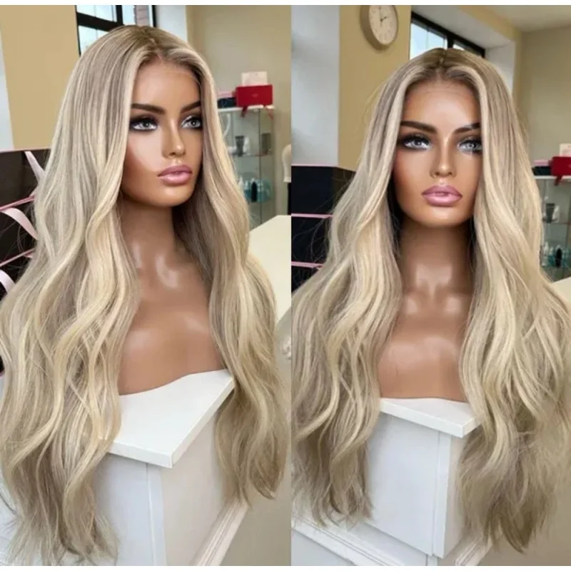 Ombre Ash Brown to Creamy Blonde Wave Wigs Human Hair Lace Front Wigs
