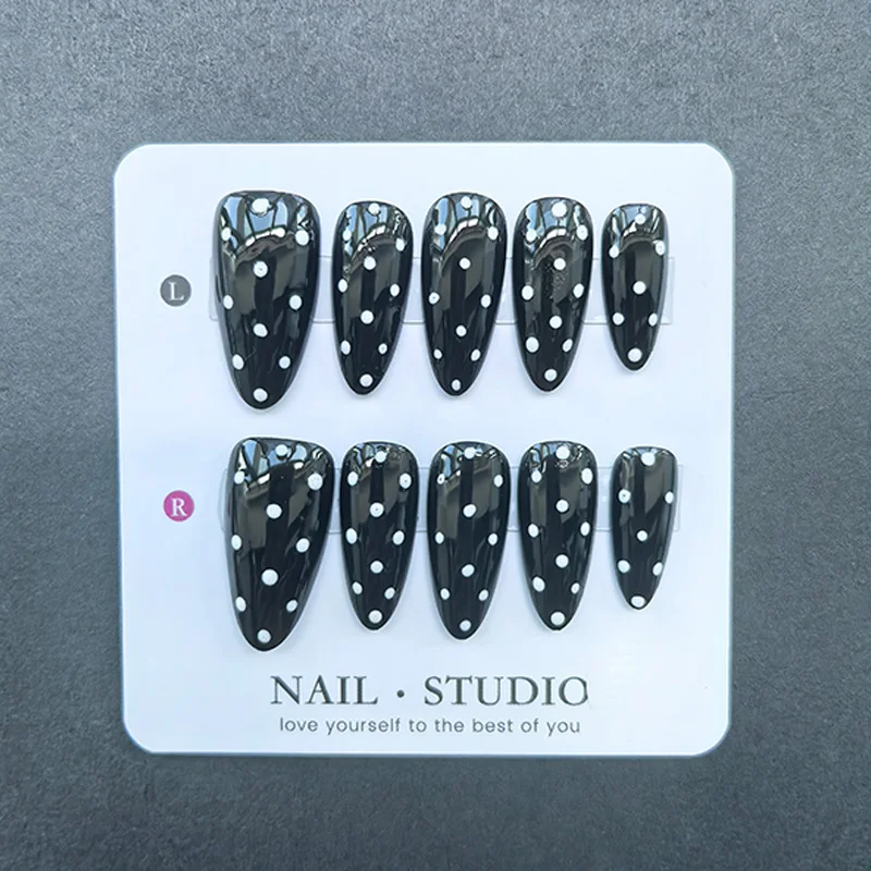 10pcs Almond Press on Nails Handmade Black White Classic Polka Dot with Pearl Powder Acrylic False Nails Glossy Gel Manicure Set