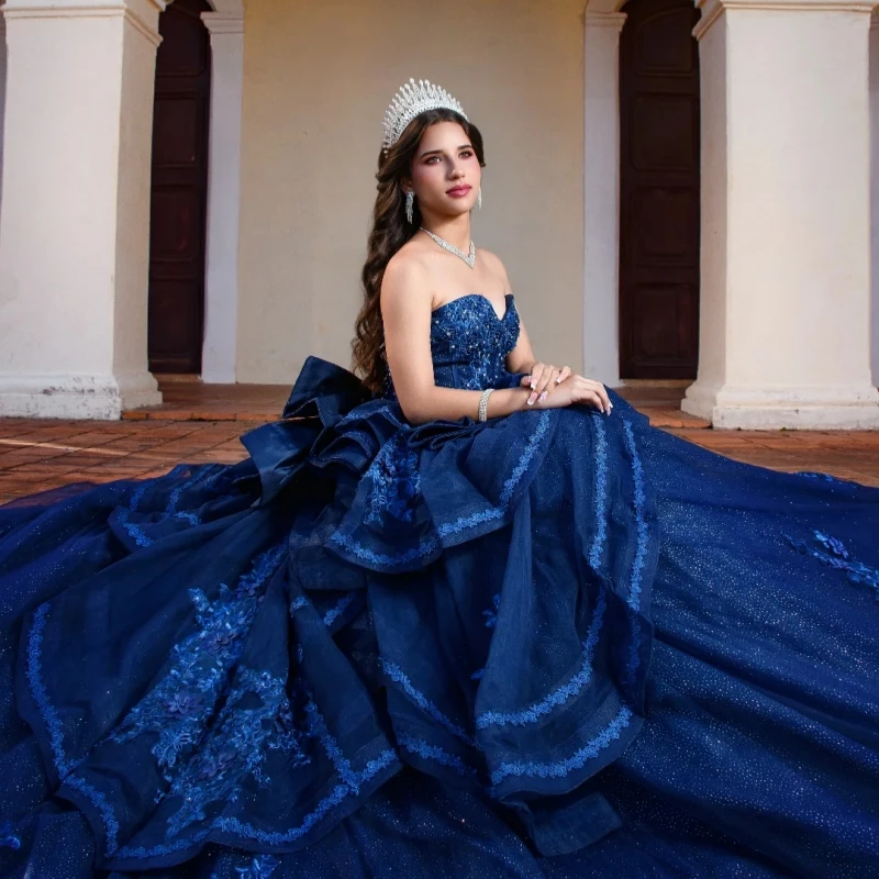 

Navy Blue Shiny Ball Gown Quinceanera Dresses Applique Lace Beading Crystal Bow Tull Corset Off Shoulder Sweet 16 Dress vestidos