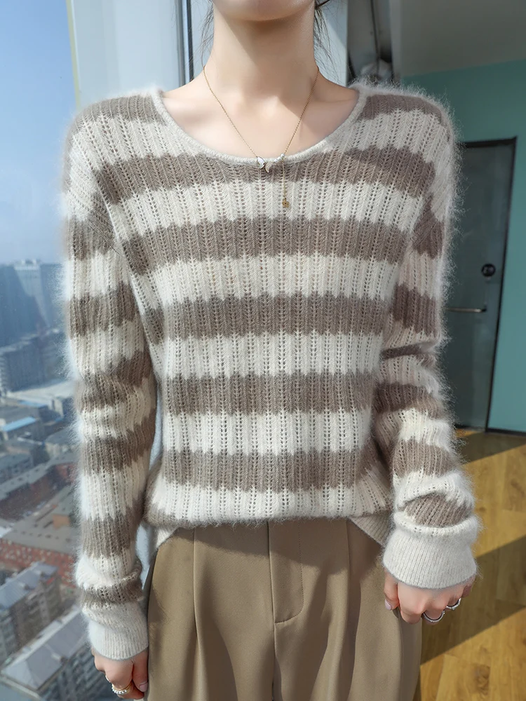 

TLOML новый женский свитер из 100% норки и кашемира, полосатый пуловер с круглым вырезом, повседневные осенне-зимние мягкие теплые норковые кашемировые удобные топы