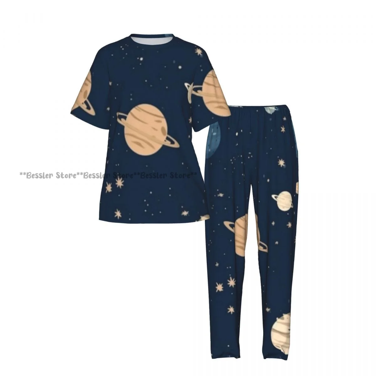 Women's Pajamas Set Planets And Stars Illustration Short Sleeve Sleepwear 2 Piece Homewear Loungewear