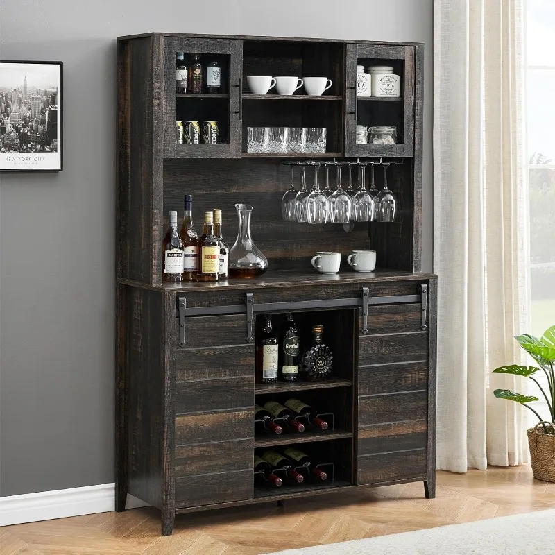 Farmhouse Coffee Bar Cabinet with Sliding Barn Doors 70'' Kitchen Hutch Cabinet with Storage Wine&Glasses Rack Tall Cabinet Oak