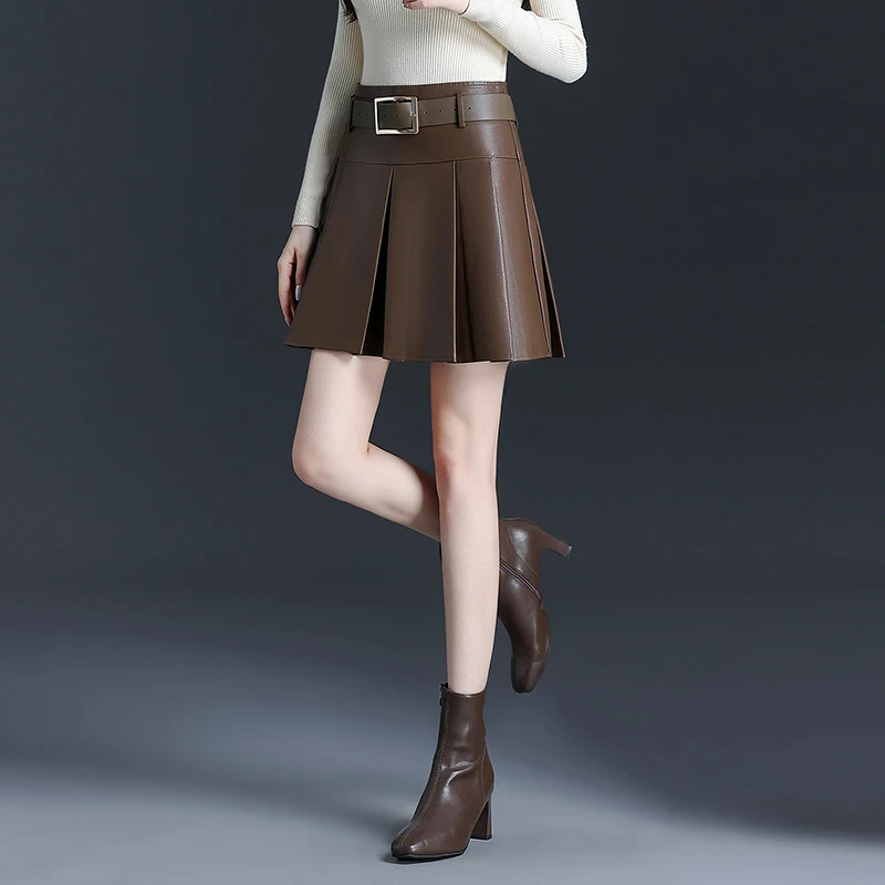 ZUZK Women New PU Leather Mini Sexy Skirt Fall Winter High Waist  Simple Elegant Short Bodycon Pleated Skirt Boot skirt 