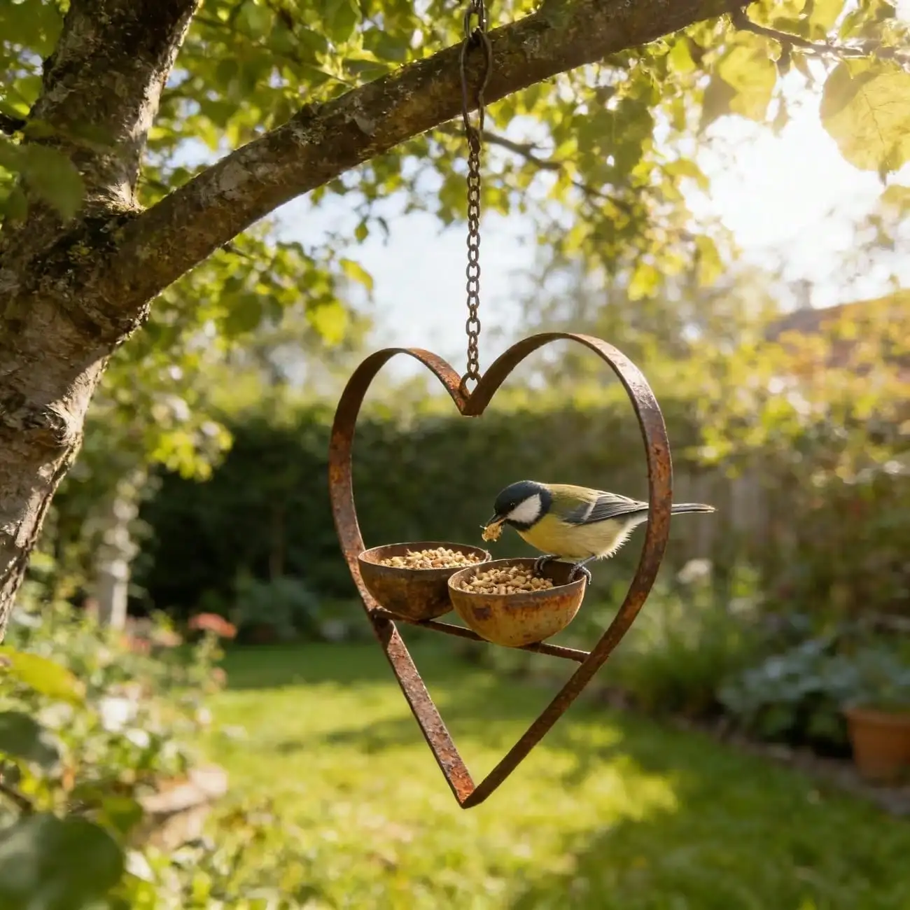 Metal Rust-Resistant Heart-Shaped Feeder with Two Water and Food Containers, Garden Hanging Bird Feeder Garden Decoration