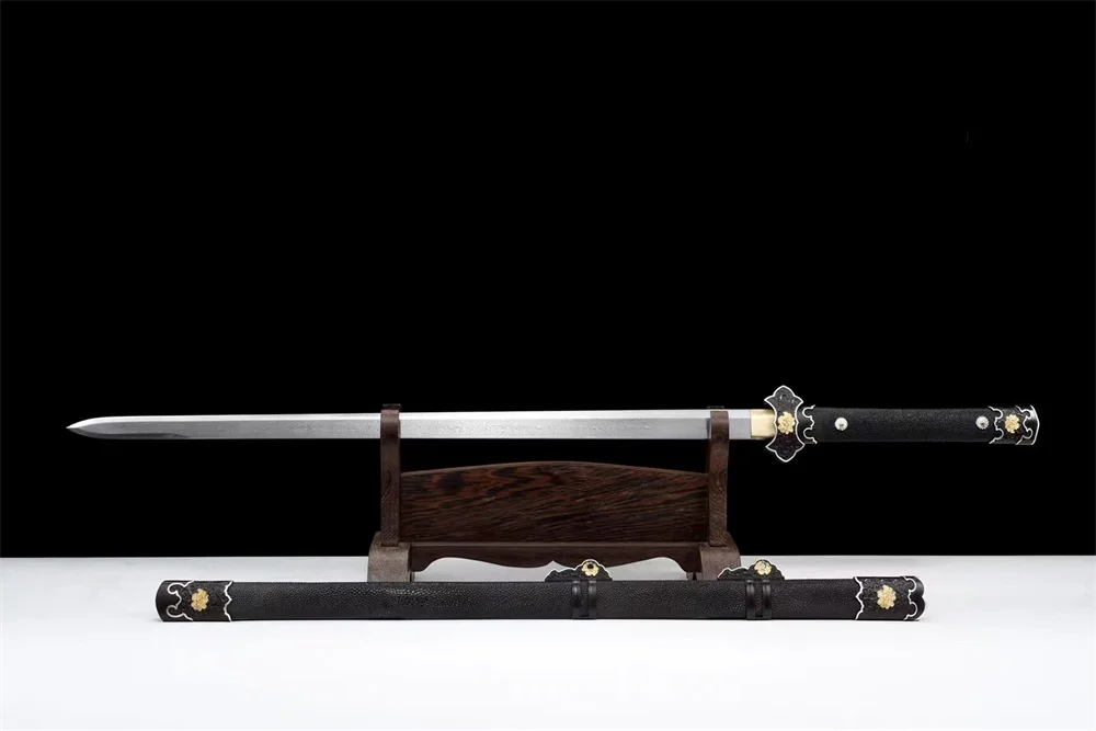 Premium Black Kungfu Battle Sword Damascus Steel Blade Sword Room Decoration Copper Gilded Fittings Wrap Real Rayskin Sheath