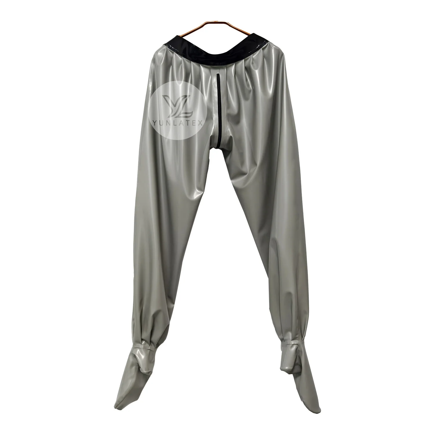 Metallic Silver Latex Trousers Loose-fitting with Socks Rubber Pants Crotch Zipper Pleated design 0.4mm