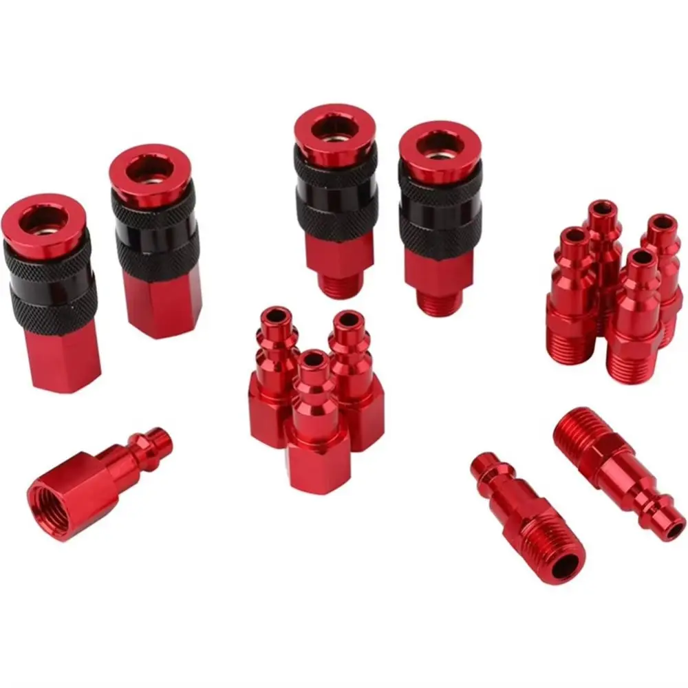 1/4 Inch NPT Thread Air Coupler Plug Kit Red Coating Universal Fitting Air Compressor Accessories Aluminium Lightweight