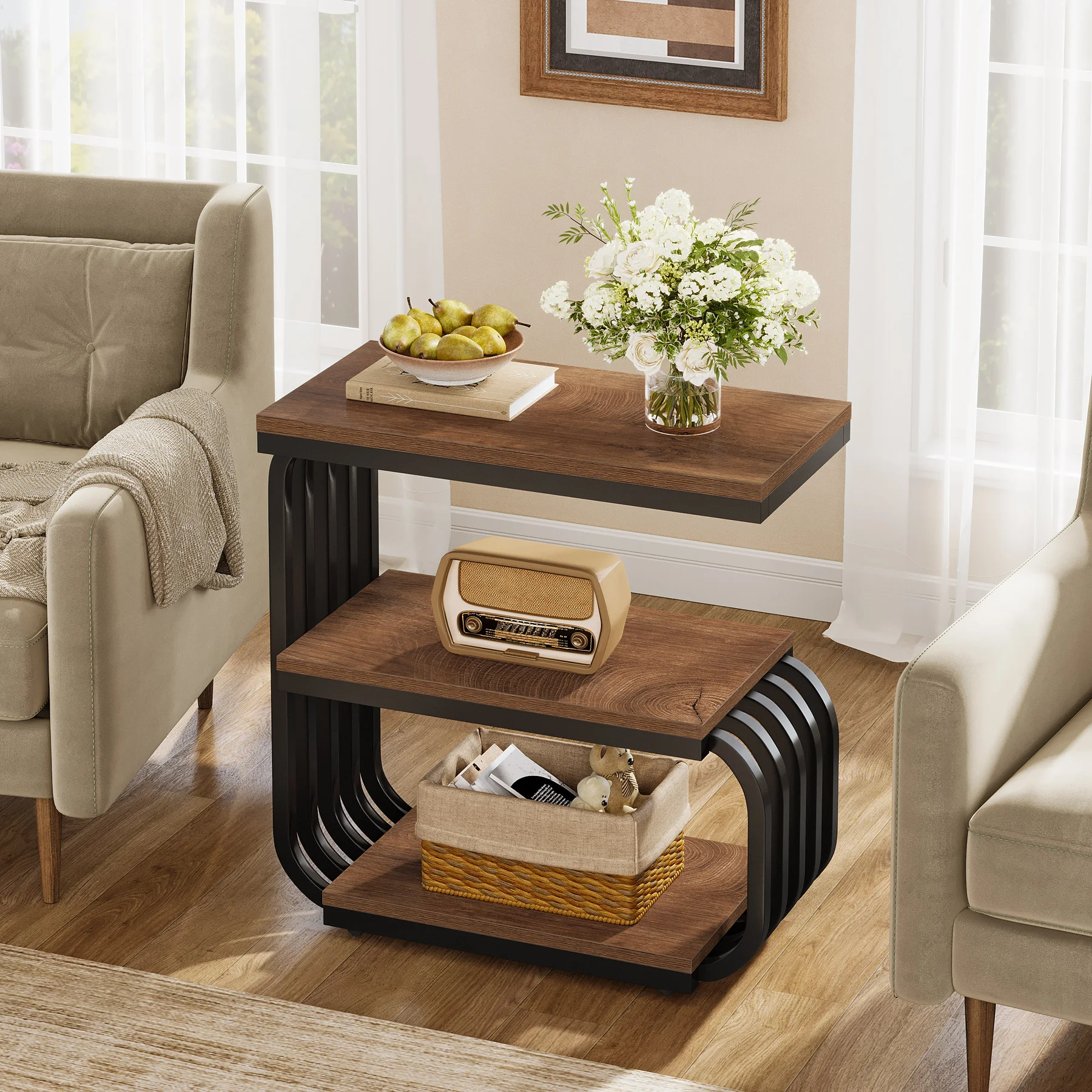 #LITTLE TREE Small End Table, Narrow Side or Bedside Stand, 3 Tier Design Accent Table with Metal Frame, Industrial Nightstand