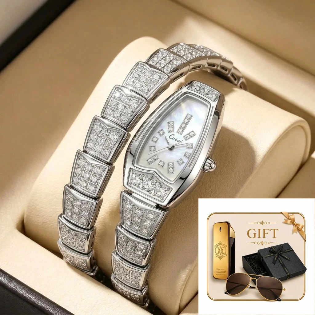 4pc Women's Silver & Mother-of-Pearl Stainless Steel Elegant Luxury Crystal-Embedded Quartz Watch Gift Set, Birthday
