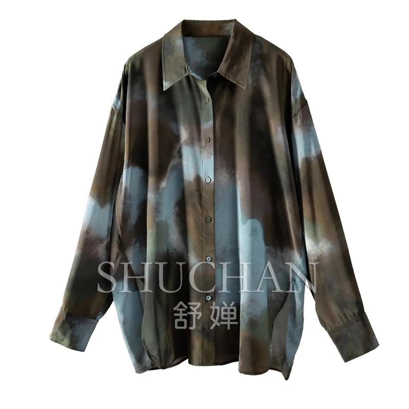 

Tie Dye Long-sleeved 100% Natural Silk Shirt Women Oversized Loose Women Tops Blusas De Mujer Bonitas Y Baratas