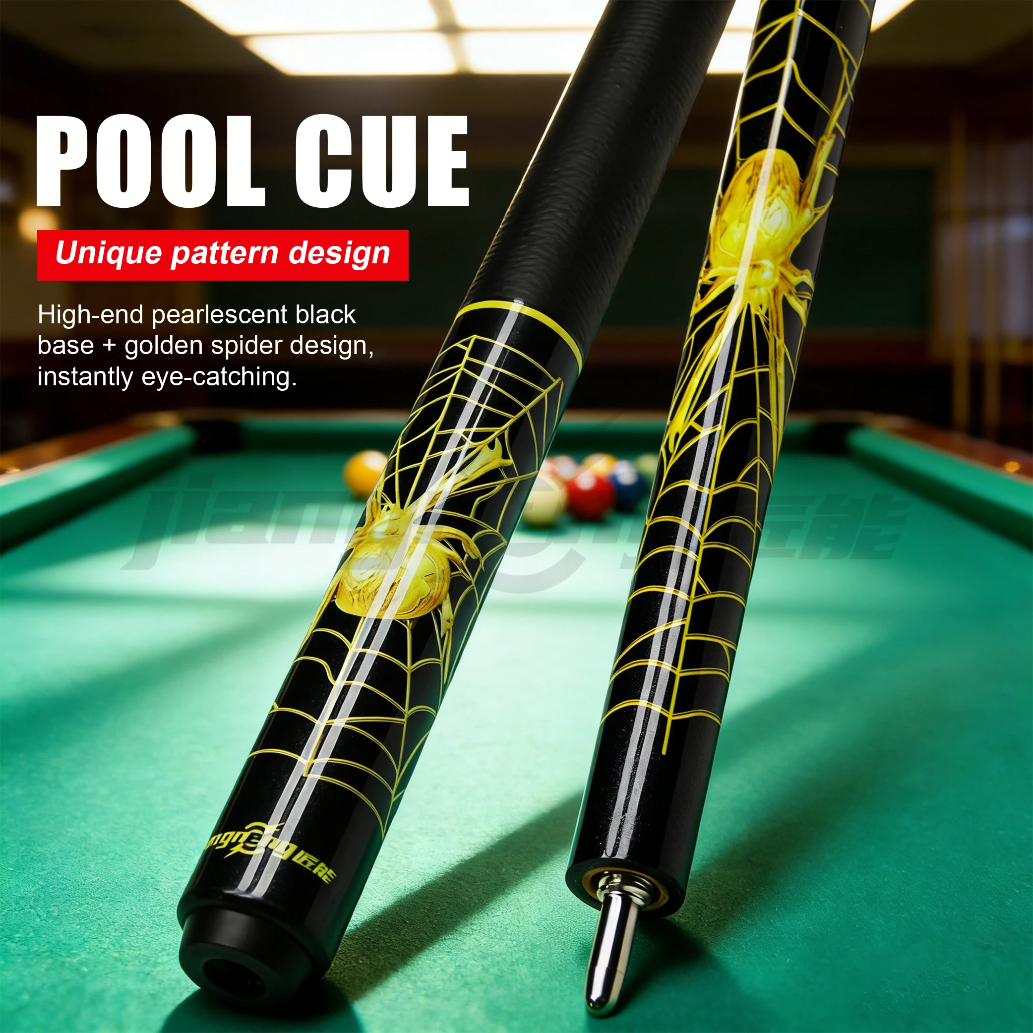 

High-End Pool Cue 12mm Multi-Layer Tip Uni-loc Joint Pearlescent Black + Gold Spider Design 2-Piece Split Structure Glass Fiber