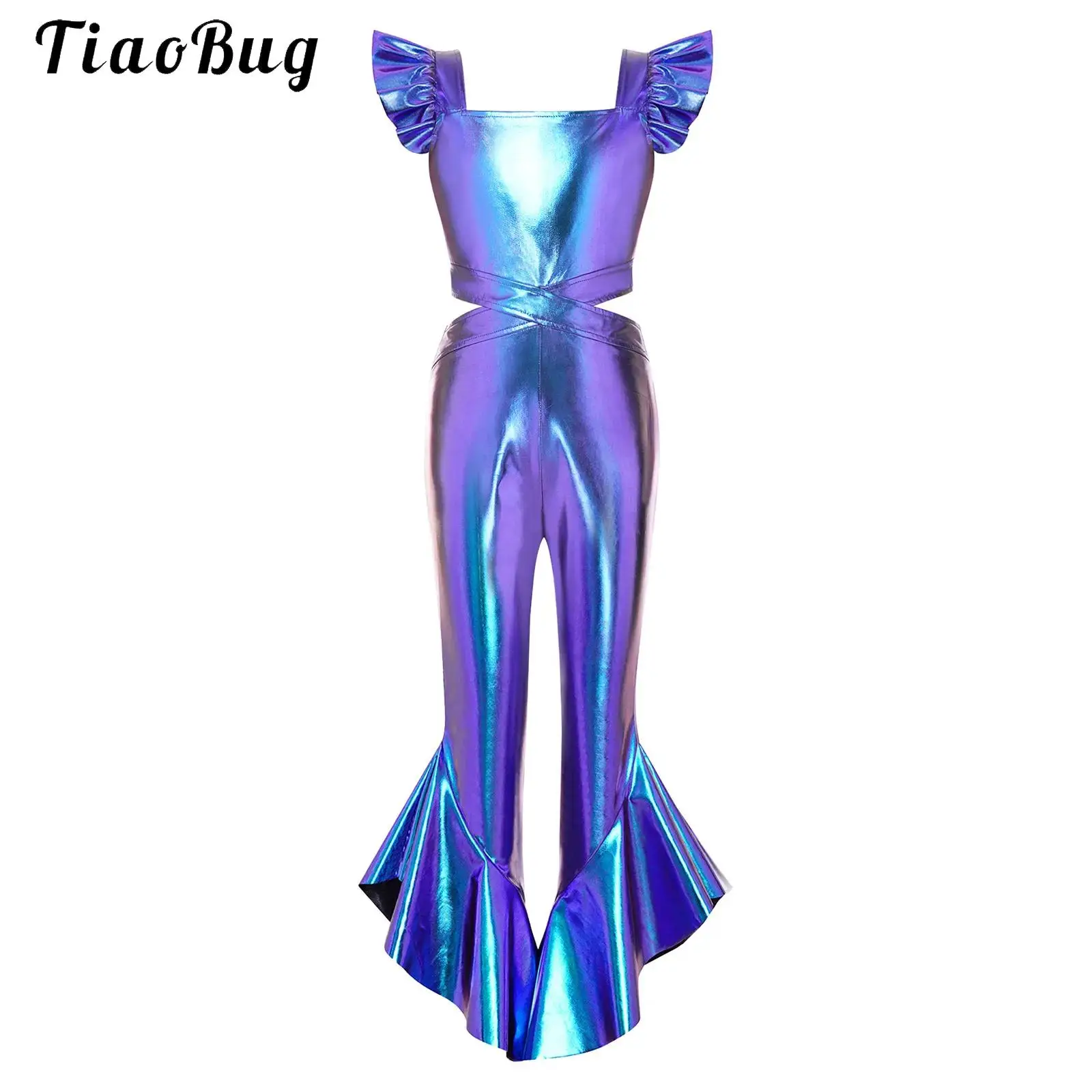Kids Girls Metallic Shiny Flared Rompers Fly Sleeve Waist Sides Hollow Out Ruffled Bell Bottoms Pants Disco Jazz Dance Jumpsuit
