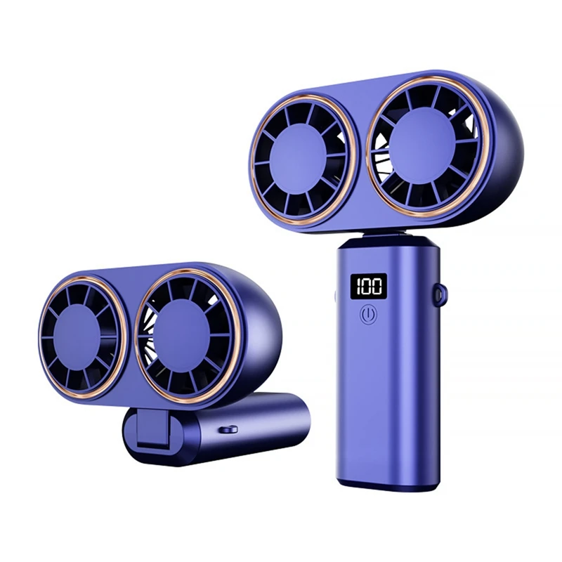 Portable Handheld Fan USB Charging Cooler Dual Fan Dual Fan Cooling Digital Display Rechargeable Battery Royal Blue