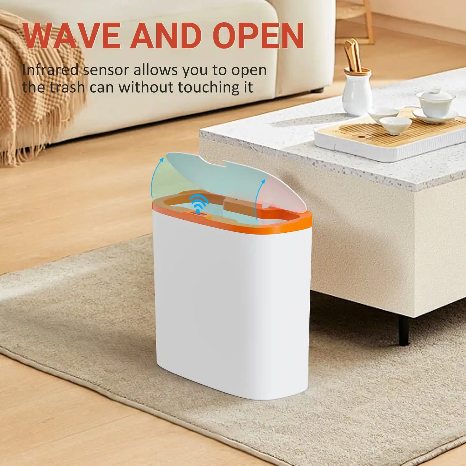 Automatic Sensor Trash Can with Lid:Waste Bin 3.2 Gallon Slimline for Bathroom, Bedroom, Kitchen, Office  White with Orange Trim