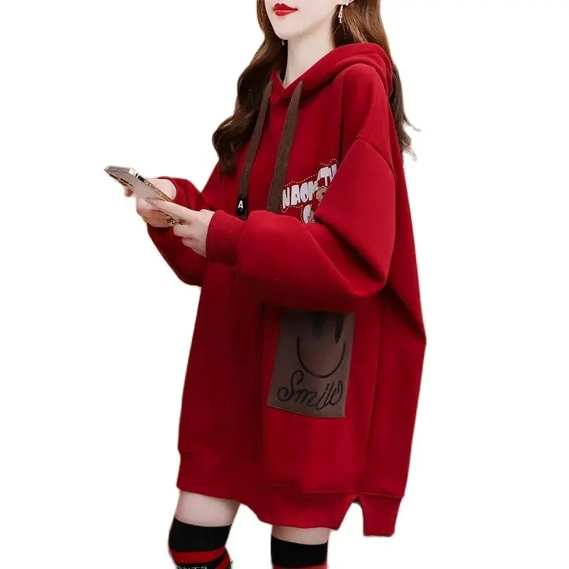 Add Velvet Padded Hooded Sweater Women\'s Long 2024 New Autumn and Winter Explosions Foreign Style Loose Design Coat