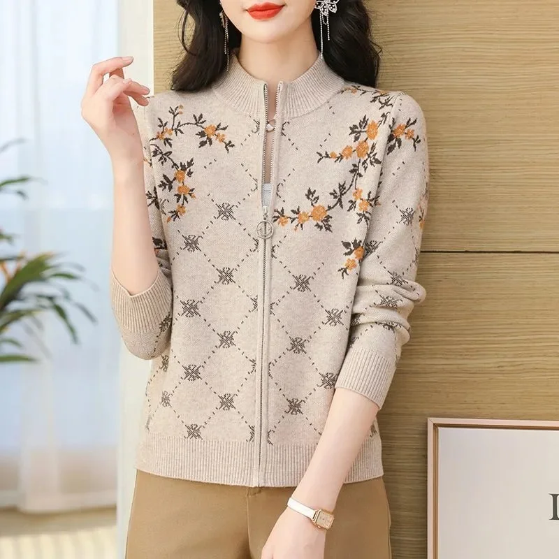 2025 Vrouwen Jacquard Truien Vest Lente Herfst Dames Stand Kraag Trui Jas Koreaanse Vrouwelijke Lange Mouwen Breien Jas