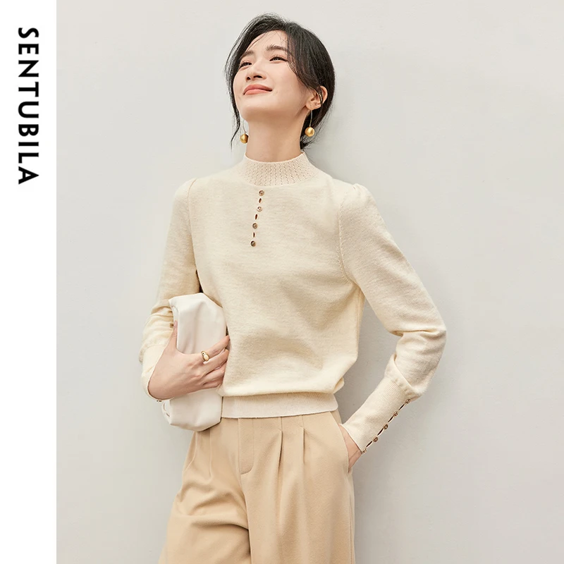 SENTUBILA Coral Fleece Knit Pullover for Women 2024 Fall Warm Hollow Out Half High Collar Long Sleeve Elegant Tops W43E56774