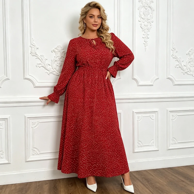

Women's Plus Size Dress Summer Round Neck Lace-up Polka Dot Print Women's Long Sleeve Dress Elegant Vacation Long Casual Dresses
