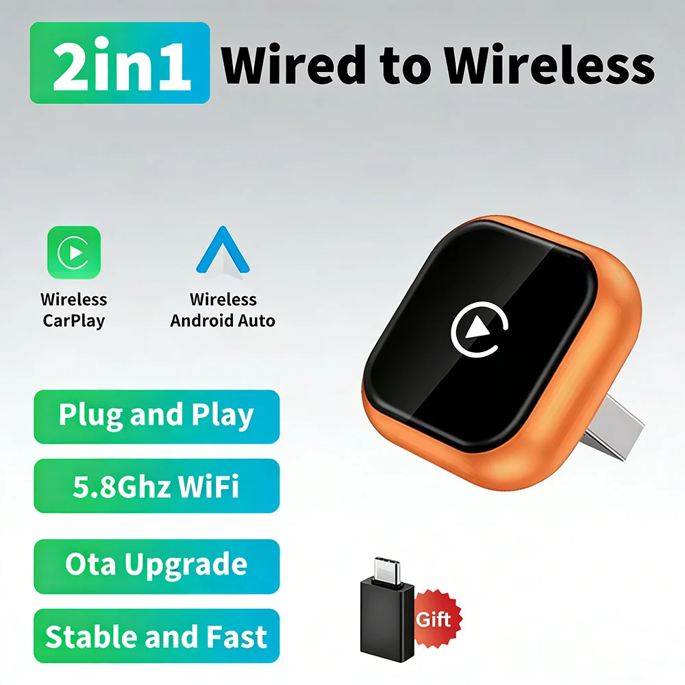 2-in-1 Wireless CarPlay for iPhone & Android Auto, Converts Wired to Wireless CarPlay, 2026 Upgrade, Faster & Stable Connection,