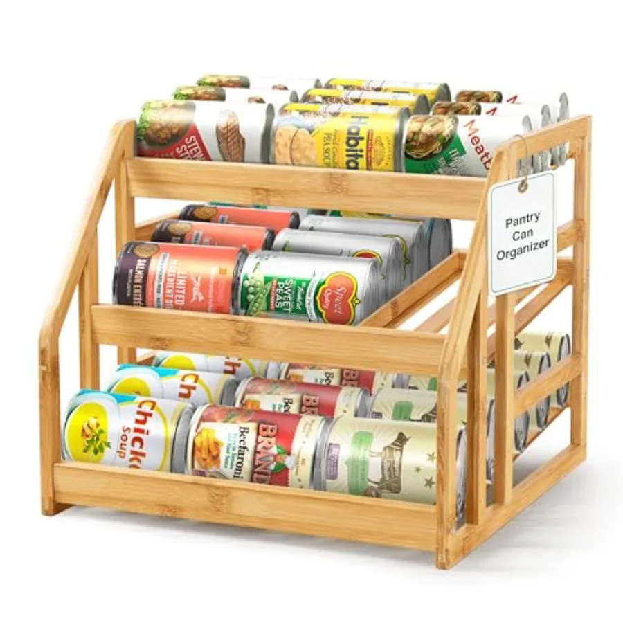 

Органайзер для консервов из бамбука для кладовой - 3-ярусная полка с регулируемыми разделителями, гравитационная подача, для 36 банок, для хранения газированных напитков