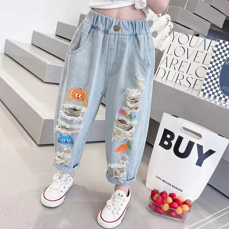 Kids Girls Jeans Summer 2023 New Children\'s Graffiti Tears Casual Pants Thin Boys and Girls Pants Boys Trousers 2 4 6 8 T