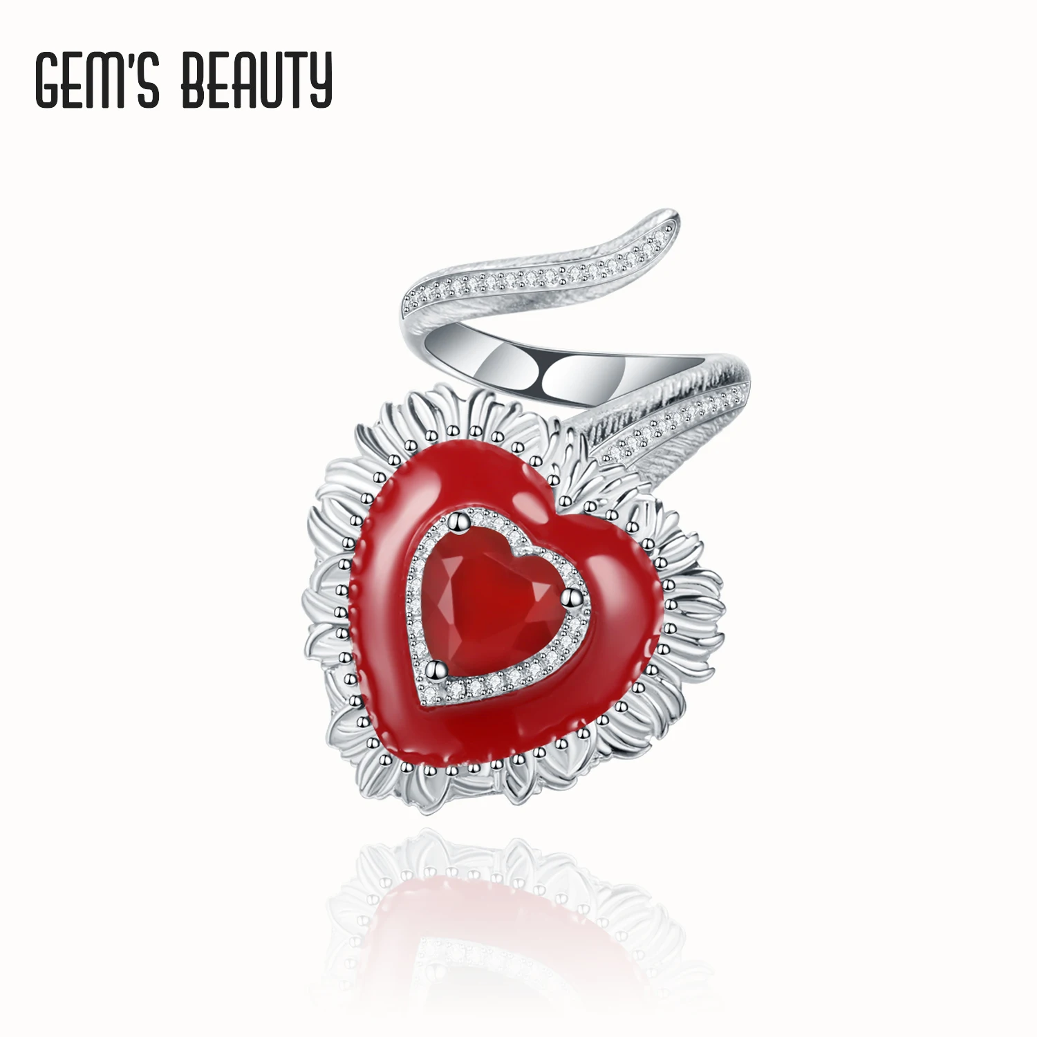 

GEM'S BEAUTY 925 Sterling Silver Rings Heart Cut Natural Red Agate Handmade Adjustable Open Rings For Women Anniversary Gift