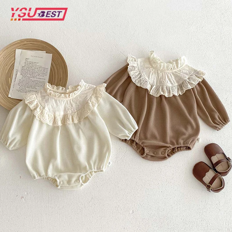 

Spring Newborn Clothes Baby Girl's One Piece Clothes Autumn Waffle Lace Collar Girl's Climbing Clothes Princess Clothes Korean