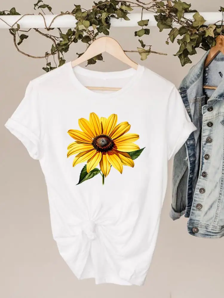 Clothing Tee For Women Clothes O-neck Fashion Lovely Flower Trend Cute Short Sleeve Print T Shirt Top Basic Graphic T-shirts