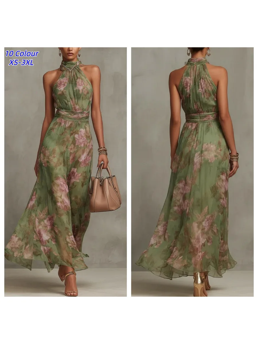 Elegantes Neckholder-Kleid mit Schulterausschnitt und Blumenmuster aus Chiffon, Langes Vintage Boho Ärmelloses Sommer-Strandkleid
