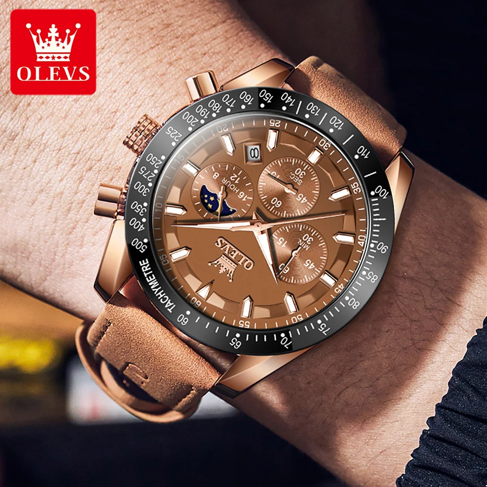 OLEVS Men\'s Quartz Watch New Original Date Calendar Moon Phase Waterproof Luminous Brown Leather strap Quartz Watch for Men