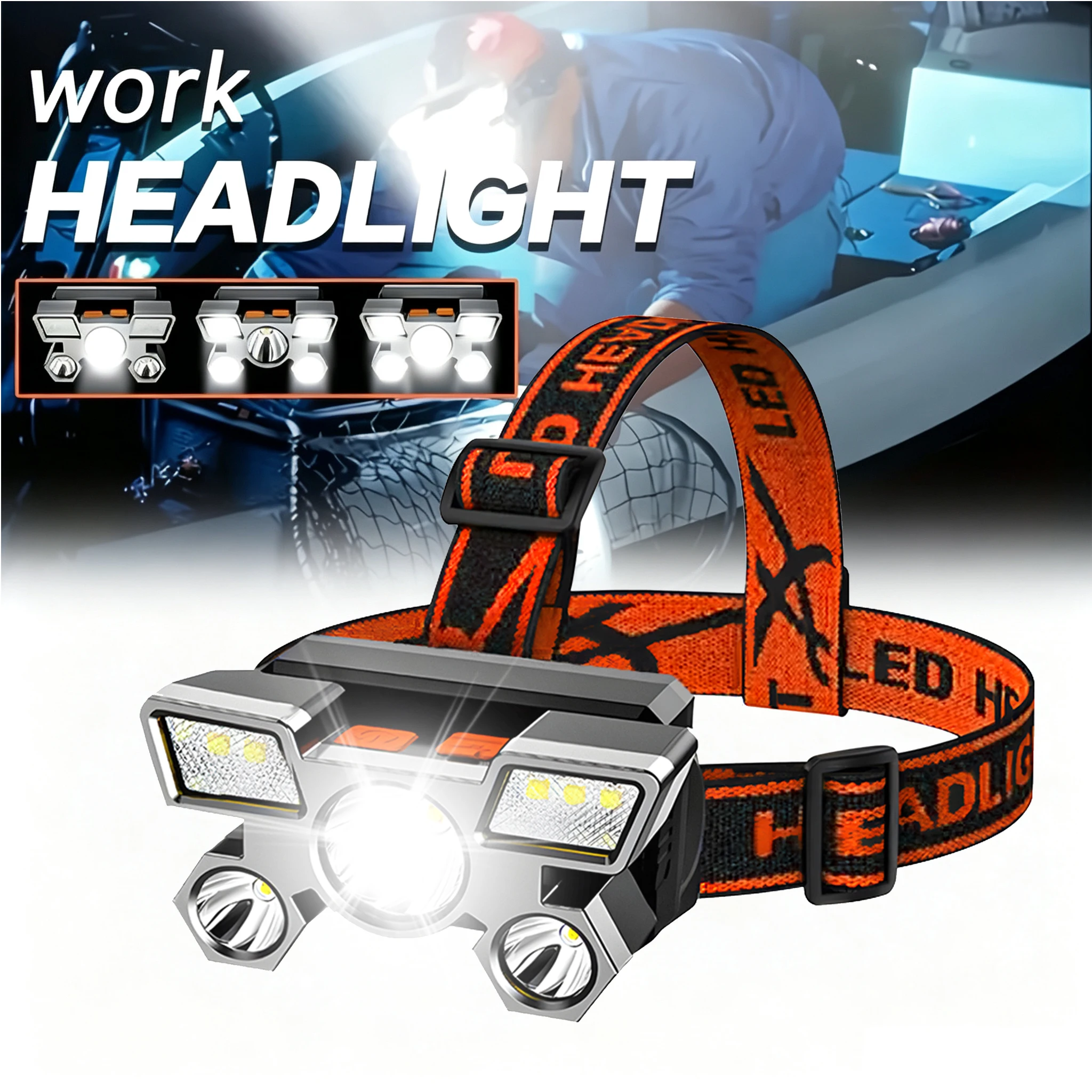 1-10PCS 5LED Headlamp Built-in Battery Rechargeable Torch Outdoor Night Portable Working Light Fishing Camping Head Lamp